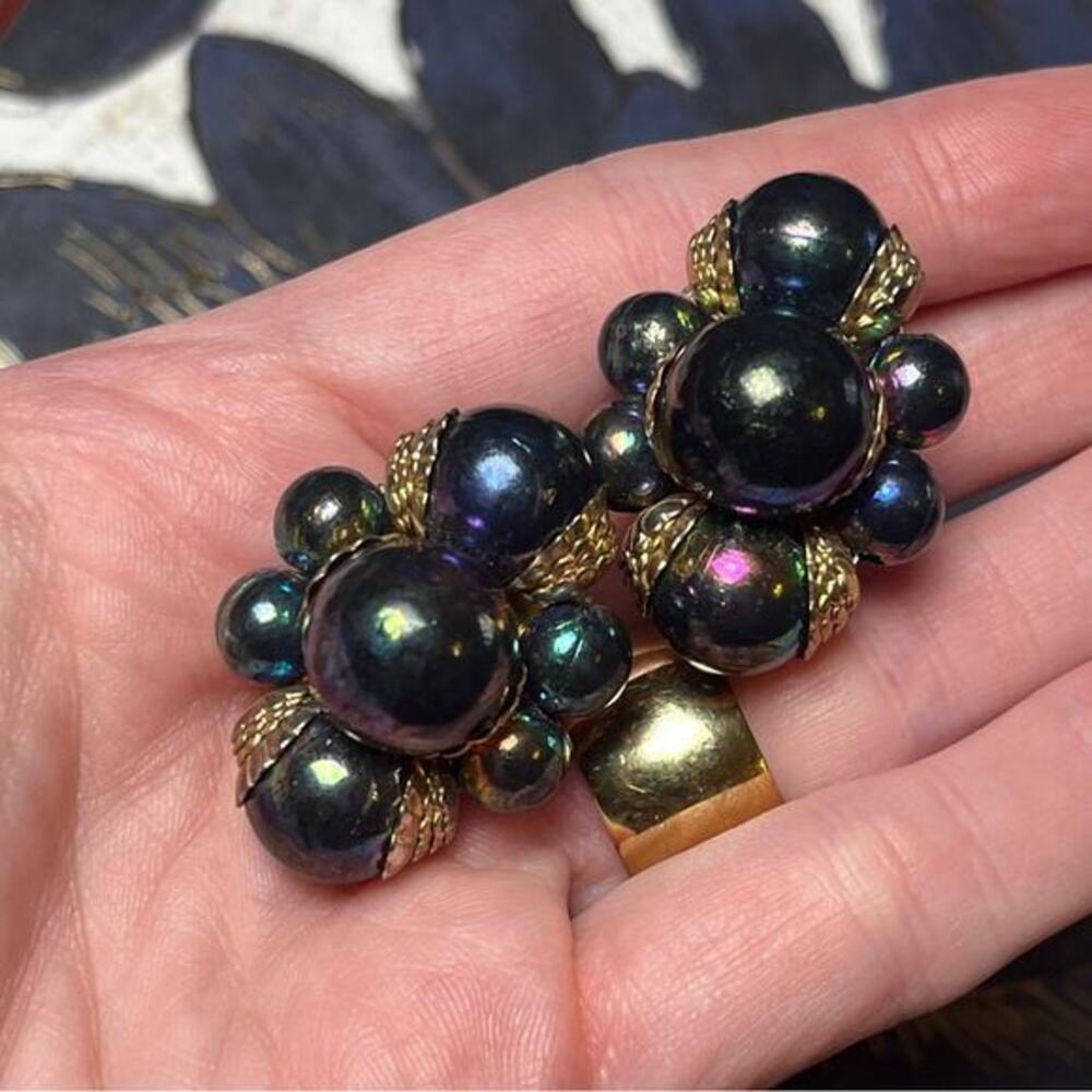 Vintage 80s Gold Purple & Green CHROME Bead Cluster Large Oversized Earrings D1